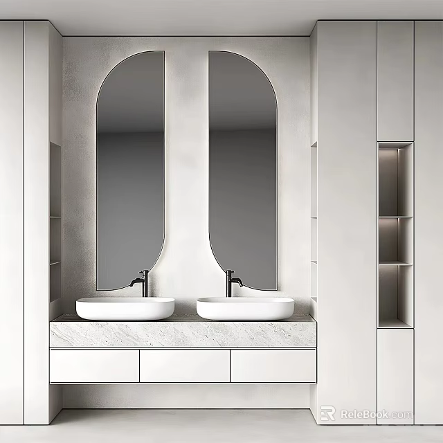 Modern Bathroom Vanity With Double White Sinks Oval Mirrors Marble Countertop White Cabinets And Shelves 3d model 