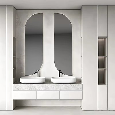 Modern Bathroom Vanity With Double White Sinks Oval Mirrors Marble Countertop White Cabinets And Shelves 3d model