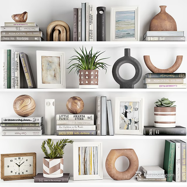 Decorative Ornament Combination With Books Frames Potted Plants And Geometric Vases On Shelves 3d model 