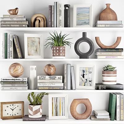 Decorative Ornament Combination With Books Frames Potted Plants And Geometric Vases On Shelves 3d model