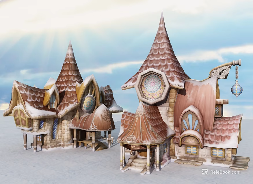 Cartoon Scenery With Whimsical Houses Pointed Roofs And Snowy Details 3d model 