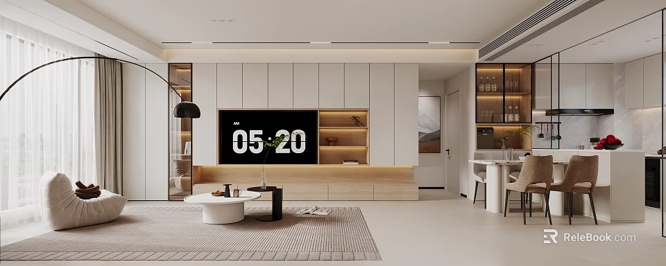 Modern Living and Dining Room Interior Design With Large Screen TV White And Wooden Cabinets 3d model 