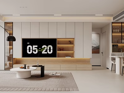 Modern Living and Dining Room Interior Design With Large Screen TV White And Wooden Cabinets 3d model