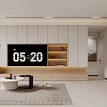 Modern Living and Dining Room Interior Design With Large Screen TV White And Wooden Cabinets