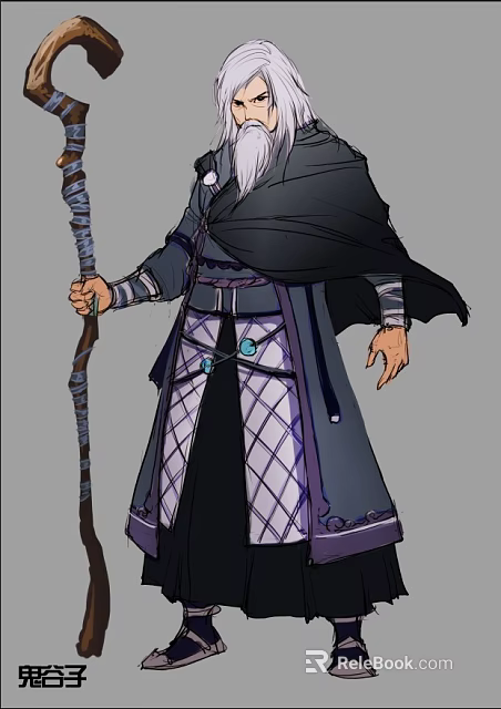 White Haired Wizard Game Movie Character In Long Robe Holding Wooden Staff With Dark Cloak 3d model 