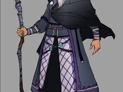 White Haired Wizard Game Movie Character In Long Robe Holding Wooden Staff With Dark Cloak 3d model