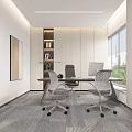 Modern Office Interior Design With Desk Chairs Bookshelf And Window View 3d model