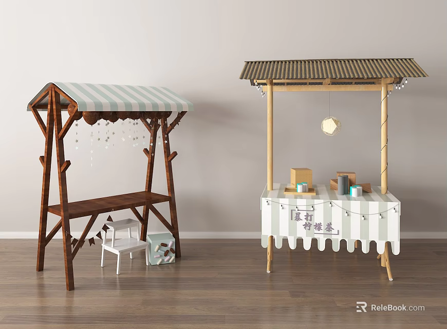 Commercial Outdoor Setup With Wooden Structures Striped Awnings Tables And Decorative Lighting 3d model 
