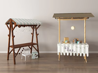 Commercial Outdoor Setup With Wooden Structures Striped Awnings Tables And Decorative Lighting 3d model