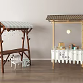 Commercial Outdoor Setup With Wooden Structures Striped Awnings Tables And Decorative Lighting