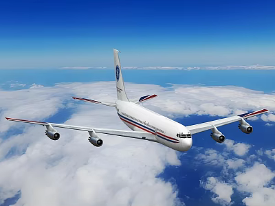 Passenger Airplane With Four Engines Red Blue Stripes Flying Above Clouds In Blue Sky 3d model