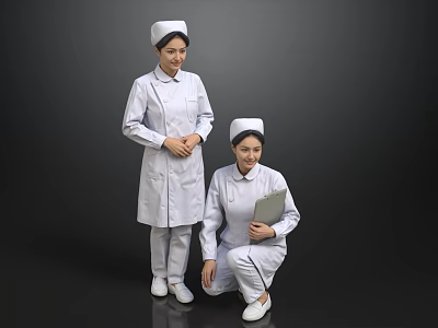 Two Nurses In White Uniforms With Nurse Caps Standing And Kneeling Holding Clipboard 3d model