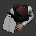 Red Haired Female Character Wearing White Shirt Black Vest Holding Folder on Gray Background