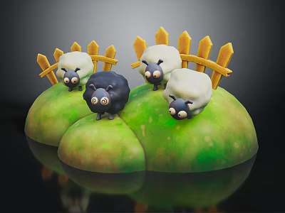 Three Adorable Little Sheep One Black Two White Standing On Green Grass With Wooden Fence 3d model