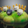 Three Adorable Little Sheep One Black Two White Standing On Green Grass With Wooden Fence