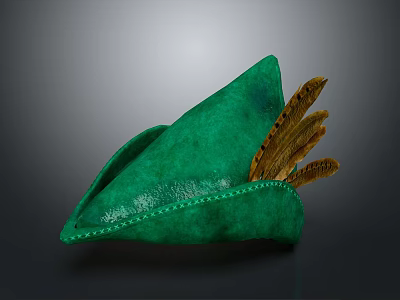 Green Leather Hat With Stitched Edge And Brown Feather Decorations 3d model