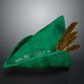 Green Leather Hat With Stitched Edge And Brown Feather Decorations