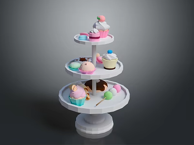 Three Tiered White Display Shelf with Assorted Desserts Including Cupcakes Ice Cream Cones and Macarons 3d model