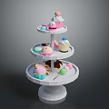 Three Tiered White Display Shelf with Assorted Desserts Including Cupcakes Ice Cream Cones and Macarons