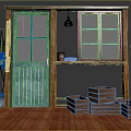 Rustic Wooden Swing Door With Green Plants Wooden Crates And Natural Lighting