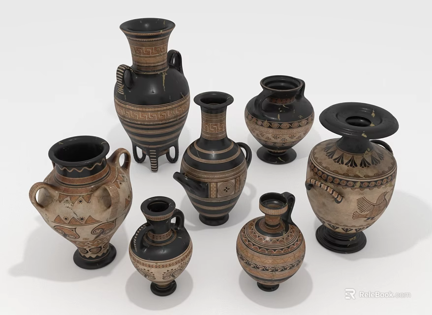 Ancient Style Terracotta Plant Pots With Decorative Patterns And Various Shapes For Indoor Greenery 3d model 