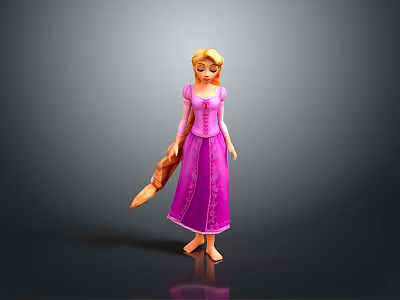 Cartoon Woman in Purple Dress with Long Blonde Hair Standing on Dark Background with Reflection 3d model