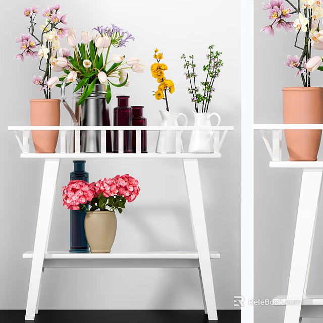 Colorful Flowers In Various Vases On White Shelf For Home Interior Decor 3d model 