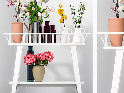 Colorful Flowers In Various Vases On White Shelf For Home Interior Decor 3d model