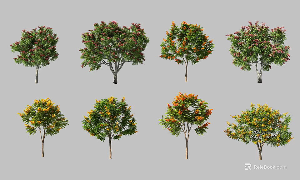 Ornamental Trees With Colorful Foliage In Green Red Orange And Yellow 3d model 