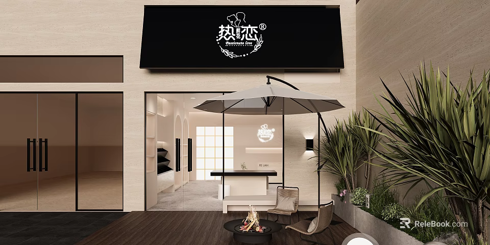 Store Exterior Featuring Black Signboard Glass Door Outdoor Umbrella Seating Fire Pit And Plants 3d model 