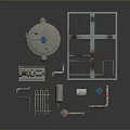 Various Industrial Mechanical Components With Tank Pipes Valves Metal Frame And Parts