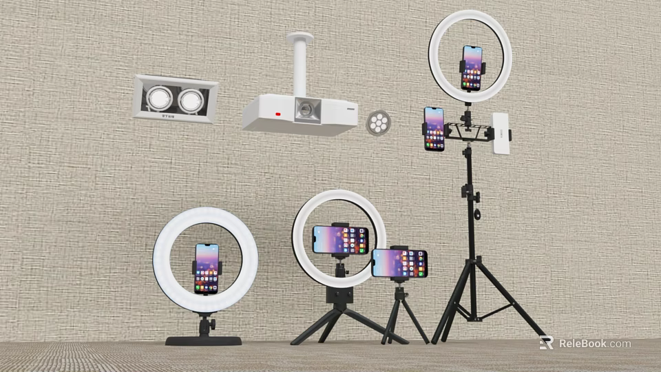 Complete Set Of Live Streaming Equipment With Ring Lights Projector Phone Holders And Tripods 3d model 