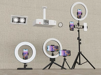 Complete Set Of Live Streaming Equipment With Ring Lights Projector Phone Holders And Tripods 3d model