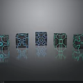 Geometric Mechanical Patterned Cubes With Blue Green Glowing Lights And Reflective Surfaces