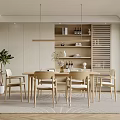 Modern Minimalist Restaurant Interior With Wooden Dining Table Chairs Shelves And Pendant Lights