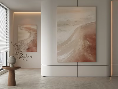 Modern Minimalist Abstract Paintings With Beige Brown Red Flowing Textures In Interior Wall Decor 3d model