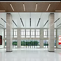 Spacious Lobby Reception Desk In People's Building With Marble Floor Columns And Ceiling Lighting