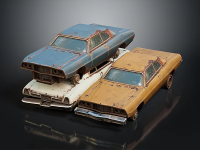 Vintage Rusted Model Cars Stacked With Three Different Colors Blue White Brown 3d model
