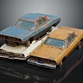Vintage Rusted Model Cars Stacked With Three Different Colors Blue White Brown