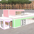 Two Story Container Building With Pink Green Exterior Balcony And Staircase
