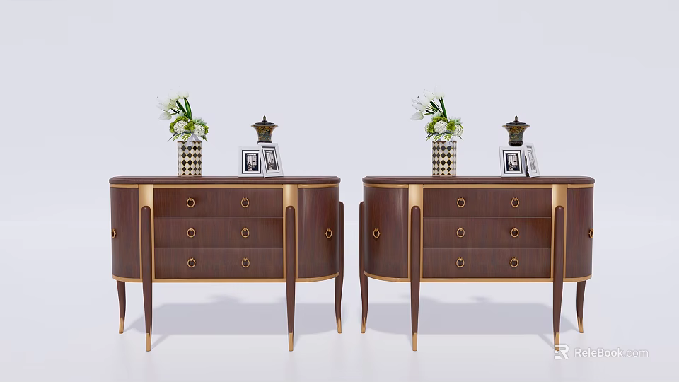 Modern Wooden Entryway Side Cabinet With Drawers Gold Accents And Decorative Items 3d model 