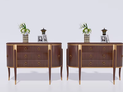 Modern Wooden Entryway Side Cabinet With Drawers Gold Accents And Decorative Items 3d model