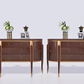 Modern Wooden Entryway Side Cabinet With Drawers Gold Accents And Decorative Items