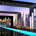 Modern Photo Spot With Metal Archway Frames City Skyline Backdrop And Blue Illuminated Floor