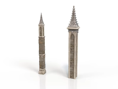 Tall Stone Towers with Pointed Spires and Intricate Decorative Architectural Details 3d model