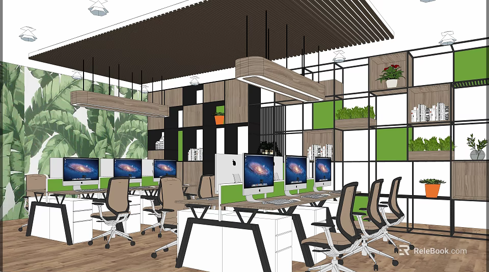 Modern Public Office Space With Multiple Computer Monitors Office Desks Green Plants And Open Layout 3d model