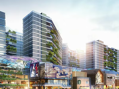 Modern Urban Architecture With Greenery Covered Buildings And Commercial Shopping Area 3d model