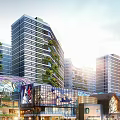 Modern Urban Architecture With Greenery Covered Buildings And Commercial Shopping Area