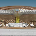 Modern Café Interior Design With Curved Wooden Roof Yellow Columns White Tables And Chairs