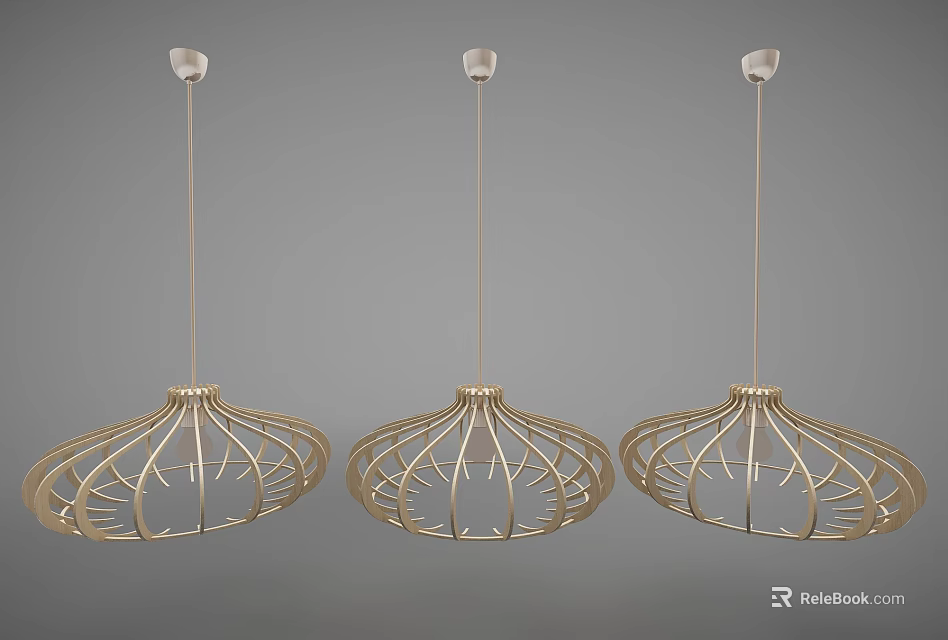 Three Golden Chandeliers With Branch Like Structure Hanging On Gray Background 3d model